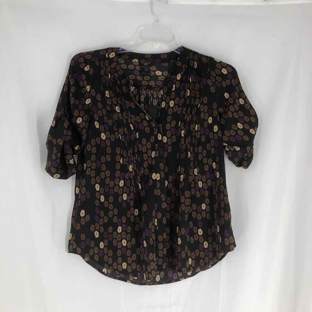 Ann Taylor Shirt Blouse Womens Small Petite Black Brown Dot Pintuck 3/4 Sleeve